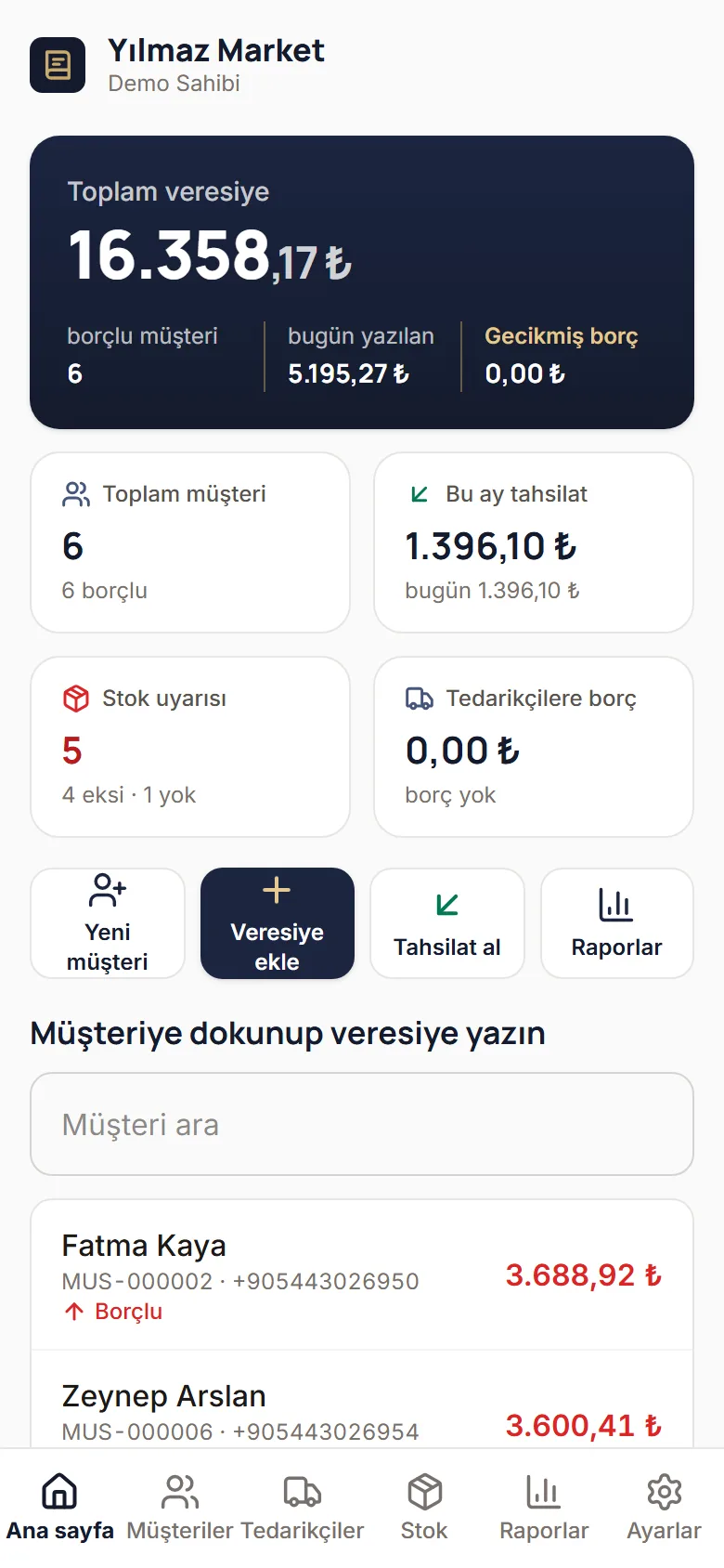 ServiGO Plus ana ekranı: toplam veresiye, göstergeler ve hızlı işlemler